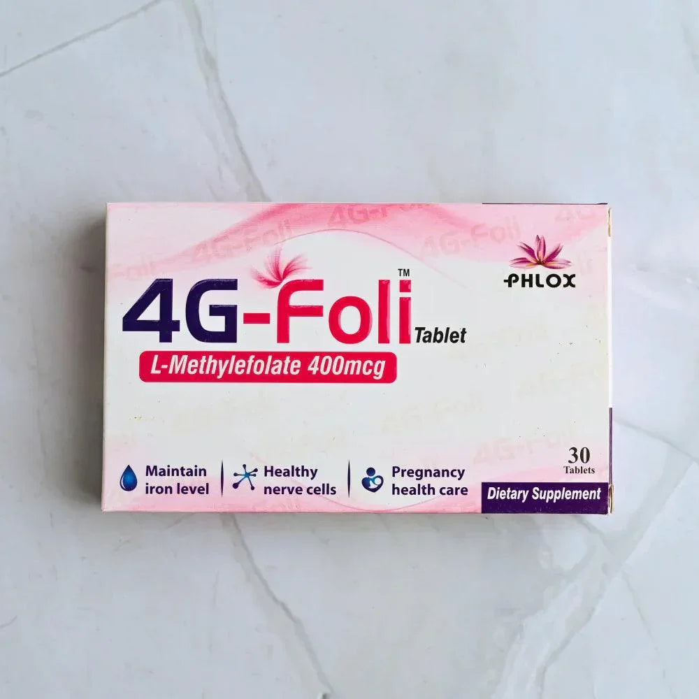 Phlox 4G-Foli L-Methylfolate 400mcg supplement box on a marble surface