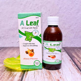 A Leaf syrup bottle and box with honey flavor, Ivy leaf and thyme, by Phlox wellness.