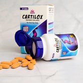 Phlox Cartilox joint tablets bottle and box with tablets on white surface, wellness supplement