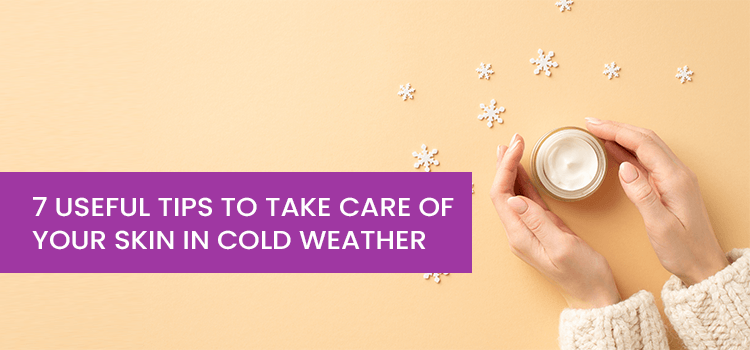 Hands holding moisturizer jar on peach background with snowflakes, skin care tips for cold weather