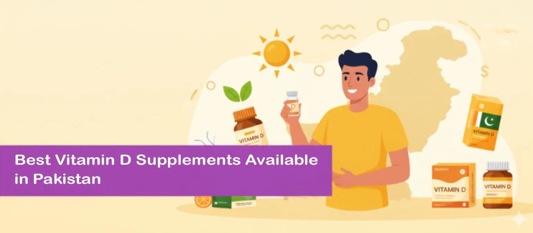 Man holding vitamin D supplement bottles with product boxes, sun icon, and Pakistan map in background, promoting best vitamin D supplements in Pakistan.