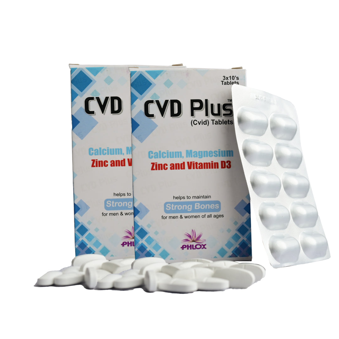 2 CVD Plus supplement packaging with tablets on a white background